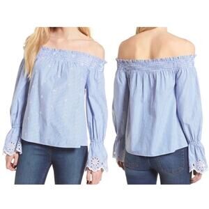 BP Womens Blue White Striped Eyelet Off Shoulder Blouse Top Size Large NEW